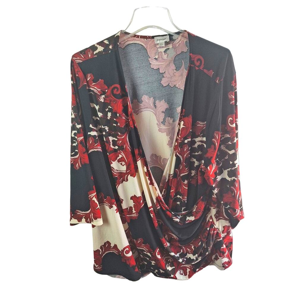 Avenue Women 30/32 Red/Black Swirl Print Faux Wrap Slinky Blouse Top